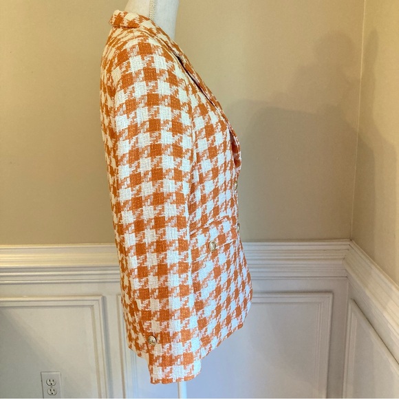 H&M Orange Ivory White Tweed Houndstooth Check Blazer Gold Crest Buttons - Picture 3 of 9